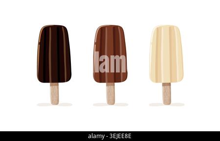 Chocolate ice pops on wooden sticks vector illustration. Dark milk and white chocolate summer dessert flat design Stock Vector