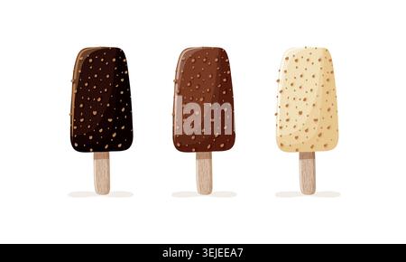 Three chocolate almond ice cream bars isolated vector. Dark milk and white chocolate summer dessert flat design Stock Vector