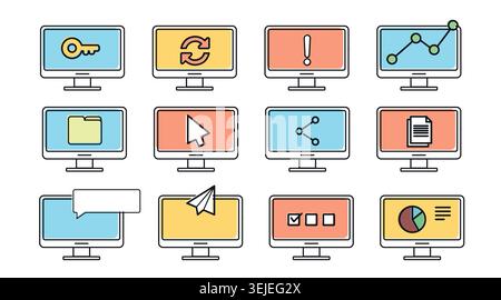 Mega set of 12 desktop computer icons: modern PC workstation vectors with web interaction, chat, sync, and document symbols, black line art with offse Stock Vector
