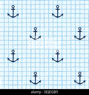 Cute anchor seamless vector pattern, blue summer wavy check background, simple minimal irregular painted plaid retro design Stock Vector