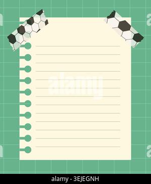 Blank lined sheet of paper, vector note with soccer ball washi tape stickers, Cute scrapbook journal element for sport schedules, checklists, planners Stock Vector