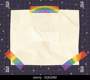 Blank crumpled paper sheet with rainbow washi tape, Vector scrapbook note graphic design element with masking tape in pride flag colors for journaling Stock Vector