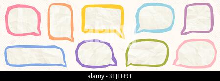 Vector speech bubble set with pastel color outlines, Halftone text boxes with crumpled paper texture for scrapbook, collage and journaling, Colorful o Stock Vector
