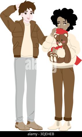 Multiracial Couple with Teddy Bear Flat Vector Illustration Stock Vector