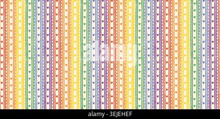 Cute stripes and hearts vector seamless pattern, LGBT Pride month rainbow color vertical uneven stripe on light background Stock Vector