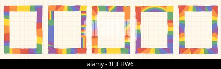 Rainbow pride washi tape vector frames set, LGBT scrapbook torn paper pieces borders, Colorful pride month journal and planner text box elements Stock Vector