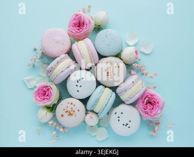 Tasty macaroons with beautiful roses on a blue background Stock Photo
