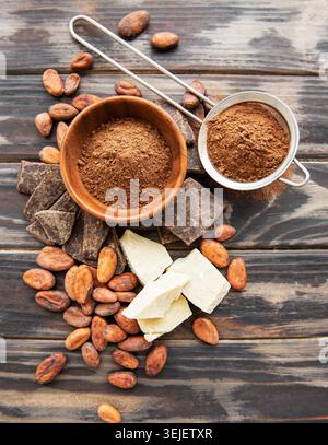 Cocoa powder and beans Stock Photo