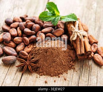 Cocoa powder and beans Stock Photo