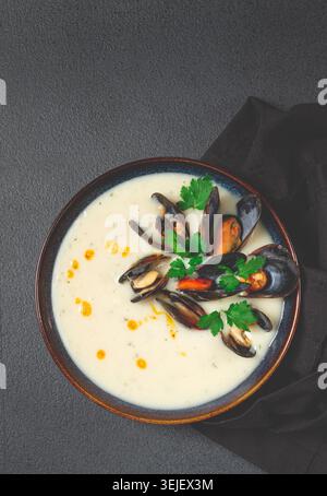 Chowder cream soup with mussels, American cuisine, homemade, no people, Stock Photo