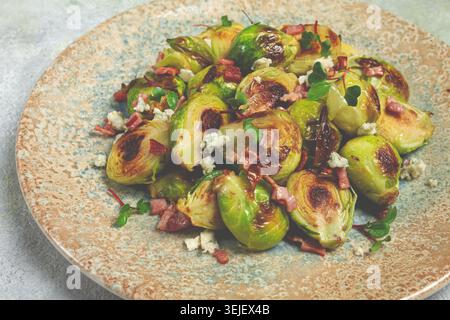 Roasted brussels sprouts, with bacon, vegetarian food, homemade, no people, Stock Photo