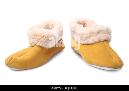 Handcrafted leather slippers with wool lining Stock Photo