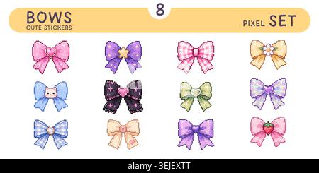 Cute pixel bow sticker set with pastel ribbon icons in soft pink y2k aesthetic style Stock Vector