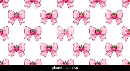 Seamless repeat pattern of pink pixel bows with strawberry ribbon details arranged on a soft background Stock Vector