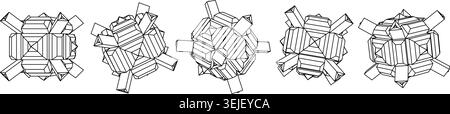 Set of abstract 3D geometric crystal cluster wireframe shapes in line art style on white background Stock Vector