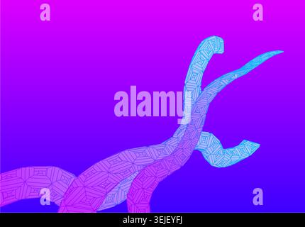 Abstract 3D Y2K worm tentacles crawling on vibrant magenta to purple gradient on synthwave background Stock Vector