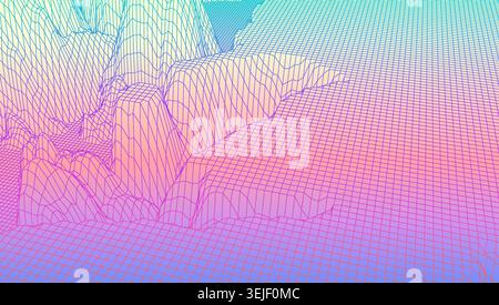 Digital landscape with mountains and plateus made of line grid in futuristic technology or science style Stock Vector