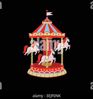 Vintage carousel cute circus horses playful retro amusement park background design. Stock Vector