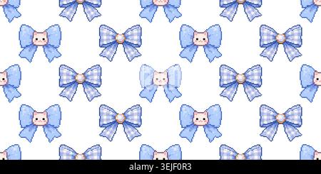 Seamless repeating pattern of pastel pixel bows with cute cat ribbon details on a soft background Stock Vector