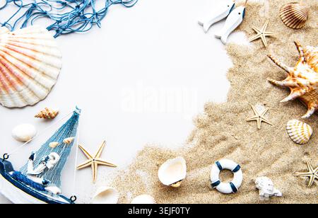 Seashells on sand. Travel concept Stock Photo
