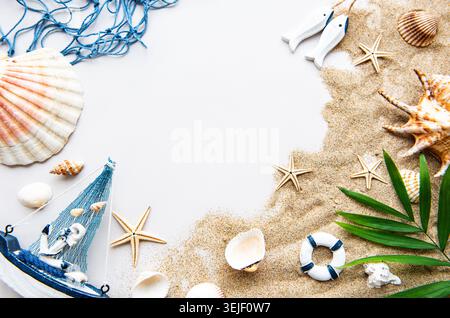 Seashells on sand. Travel concept Stock Photo