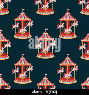 Vintage carousel seamless pattern cute circus horses playful retro amusement park background design Stock Vector