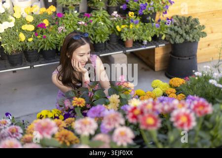 Contemplative young asian woman shopping at garden nursery for colorful flower. She crouches down looking at beautiful plant, thoughtfully making choi Stock Photo