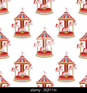 Vintage carousel seamless pattern cute circus horses playful retro amusement park background design Stock Vector