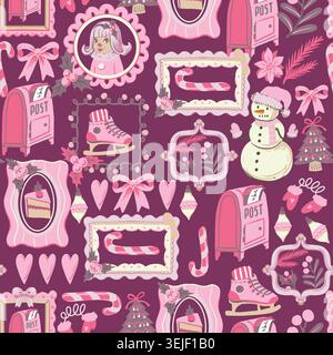 Pink christmas seamless pattern with cute festive frames bows candy and winter holiday decorations Stock Vector