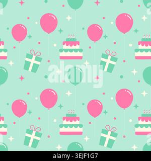 seamless pattern with birthday cakes, presents and air balloons on mint green background. Cute festive texture for wrapping paper, greeting cards and Stock Vector