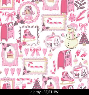 Pink christmas seamless pattern with cute festive frames bows candy and winter holiday decorations Stock Vector