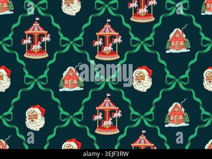 Christmas Seamless Vintage Pattern Santa Claus Carousel Gingerbread House Festive Holiday Bow Magic Stock Vector
