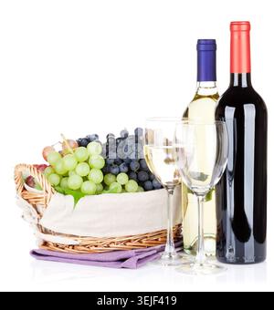 White and red wine bottles and grapes Stock Photo