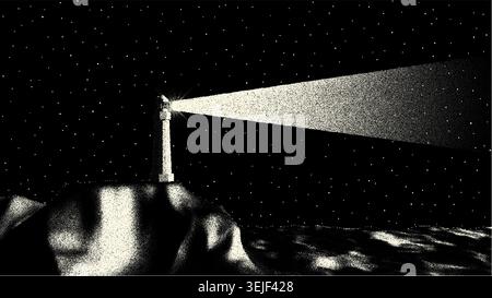 Retro stipple dot art lighthouse projecting a wide beam across a dark starry night sky over rugged rocky coast with reflected light on the sea Stock Vector