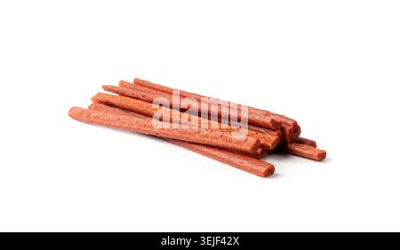 Fish Jerky Isolated, Dry Salted Seafood Snack, Hake Stockfish, Small Pieces of Dehydrated Pollock, Beer Snacks, Dried Fish Fillet on White Background Stock Photo