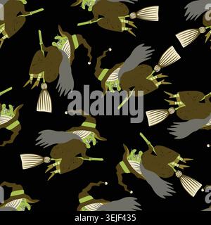 Halloween Seamless Pattern Witch Flying Broom Clouds Spooky Dark Night Magic Birds Vintage Stock Vector