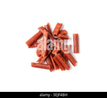 Fish Jerky Isolated, Dry Salted Seafood Snack, Hake Stockfish, Small Pieces of Dehydrated Pollock, Beer Snacks, Dried Fish Fillet on White Background Stock Photo