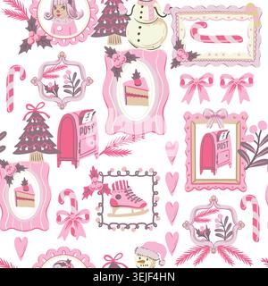 Pink christmas seamless pattern with cute festive frames bows candy and winter holiday decorations Stock Vector