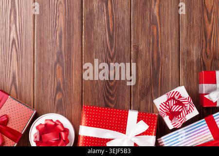 Gift boxes on wooden table Stock Photo
