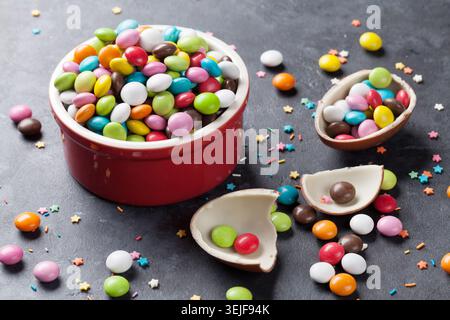 Colorful candies and chocolate egg Stock Photo