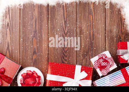 Gift boxes on wooden table Stock Photo