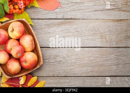 Apples in bowl and colorful autumn leaves on woden background Stock Photo