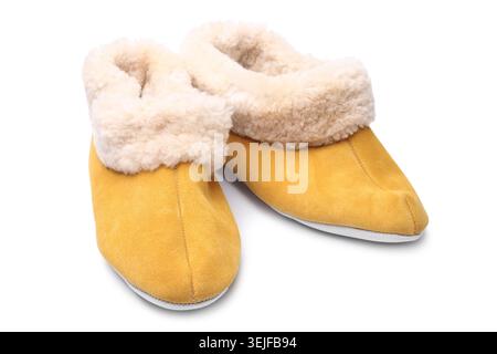 Handcrafted leather slippers with wool lining Stock Photo