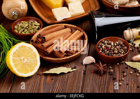 Various spices on wooden background Stock Photo