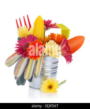 Colorful flowers and garden tools. Isolated on white background Stock Photo