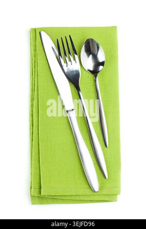 Silverware or flatware set of fork, spoon and knife on towel Stock Photo