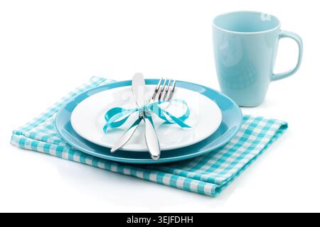 Fork with knife, blank plates and napkin Stock Photo
