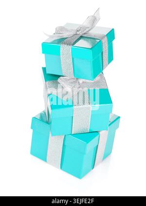 Three blue gift boxes with silver ribbon and bow Stock Photo