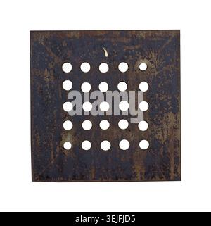 Square rusty metal vent grate isolated on white background, square orientation Stock Photo