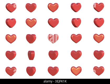 Seamless grid pattern of shiny red 3D hearts isolated on white background, horizontal orientation Stock Photo
